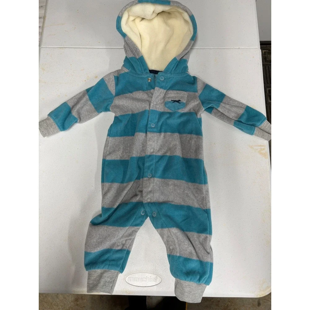 Carters Baby‎ Boys Blue Grey Striped Fleece Hooded Romper Jumpsuit 9 Months